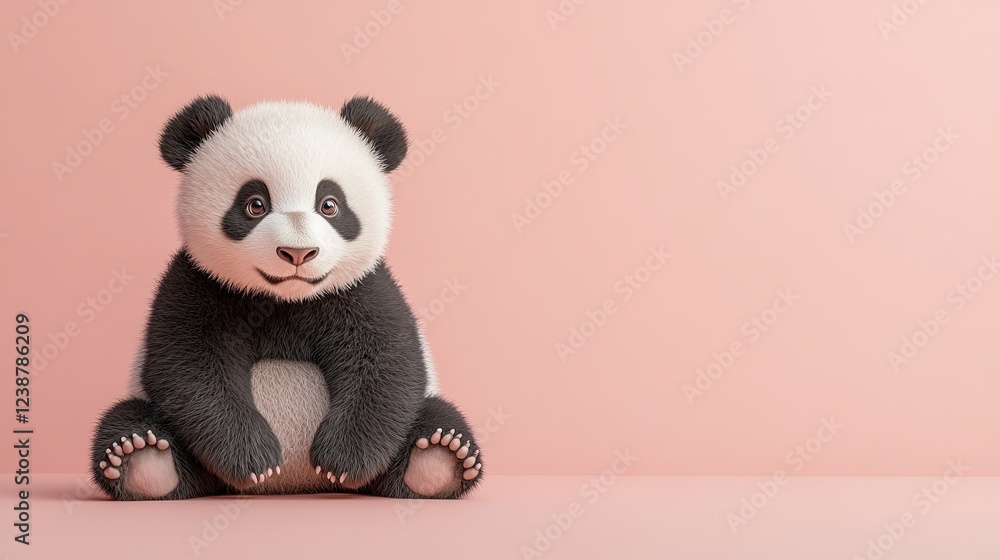 A chubby panda cub sitting on a light pink background, full-body, high-definition. pic A chubby panda cub sitting on a light pink background, full-body, high-definition. pic