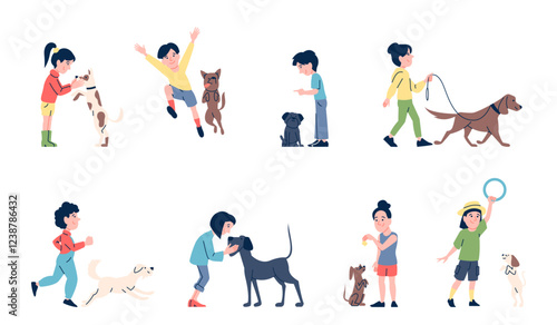 Children walking dogs. Kids play with puppies, training and hugging pets. Animal and kid friendship, happy time with dog recent vector scenes