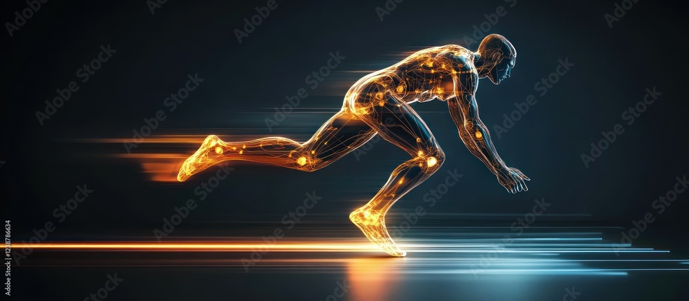 Fototapeta premium Digital athlete sprinting, glowing lines, dark background, speed concept