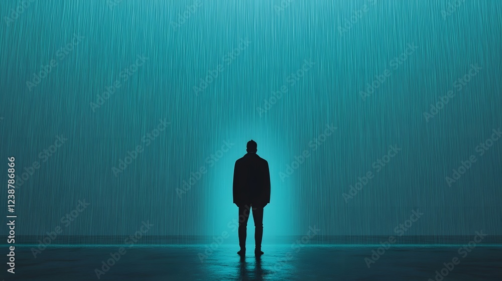 Obraz premium Solitary Figure Illuminated in Rainstorm,Symbolizing Hope in Adversity