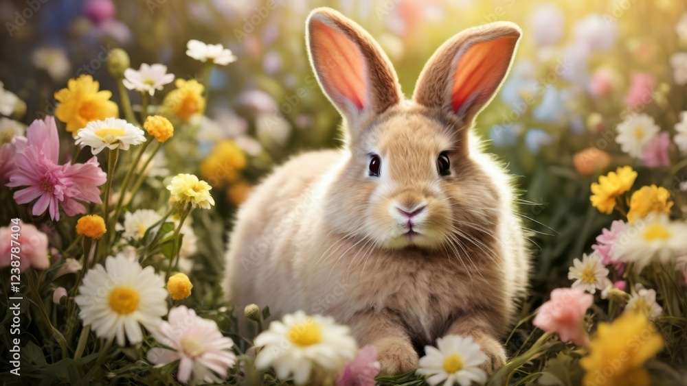 Whimsical Bunny in Field of Wildflowers with Pastel Easter Eggs Whimsical Bunny in Field of Wildflowers with Pastel Easter Eggs