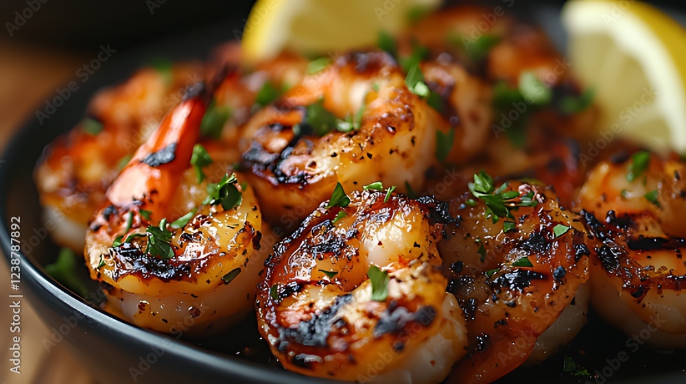 Grilled shrimp, lemon, herbs, close-up, plate, kitchen Grilled shrimp, lemon, herbs, close-up, plate, kitchen