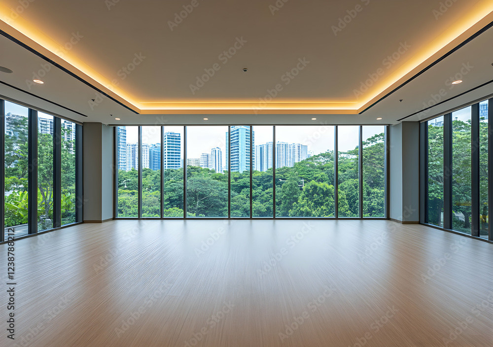 Fototapeta premium Spacious Modern Room with Panoramic City and Nature View