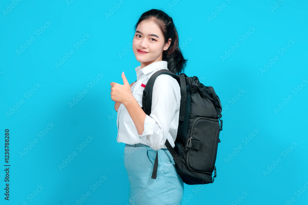 female student dressed in a uniform showing a 'OK' hand gesture, standing cheerful against a blue background female student dressed in a uniform showing a 'OK' hand gesture, standing cheerful against a blue background