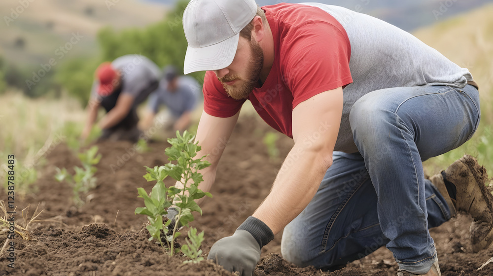 Fototapeta premium Diverse Volunteers Planting Seedlings in Rural Field,Promoting Environmental Responsibility