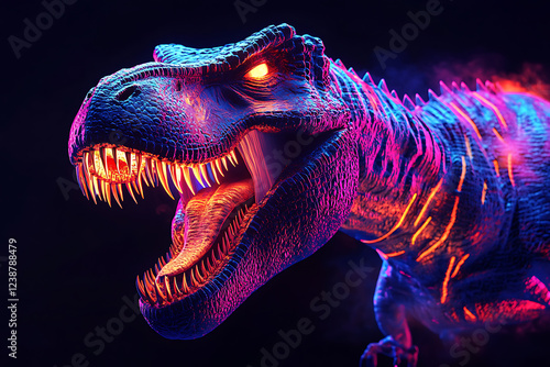 illustration of an abstract, neon dinosaur t rex in pop art style on a black background, a dinosaur t rex, dinosaur t rex, scary dinosaur t rex, neon, black background, dark background, 3d rendering