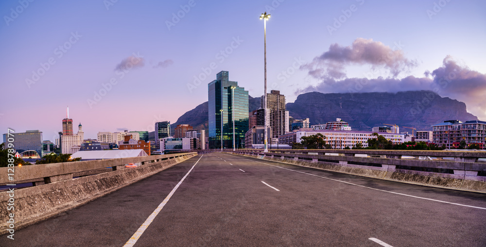 Panorama of Highway Leading to Cape Town City at Twilight with Table Mountain in the Background, Cape Town, South Africa