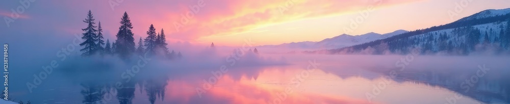 Obraz premium Misty veil rises from Baikal as morning dawns, ice, fog