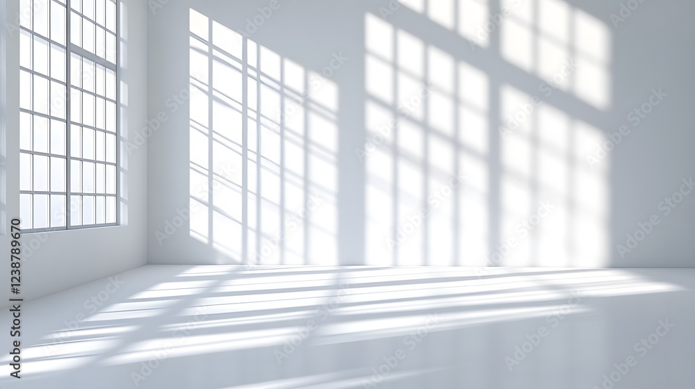 Bright Minimalist Interior with Sunlight Shadows on White Walls Bright Minimalist Interior with Sunlight Shadows on White Walls