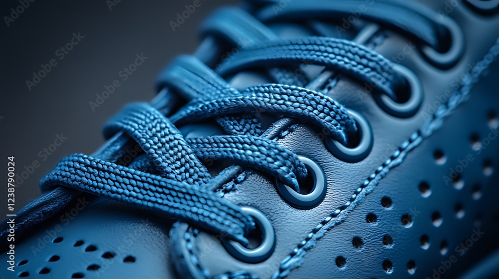 Obraz premium Blue shoe laces close-up, studio shot, textured leather, dark background, advertising