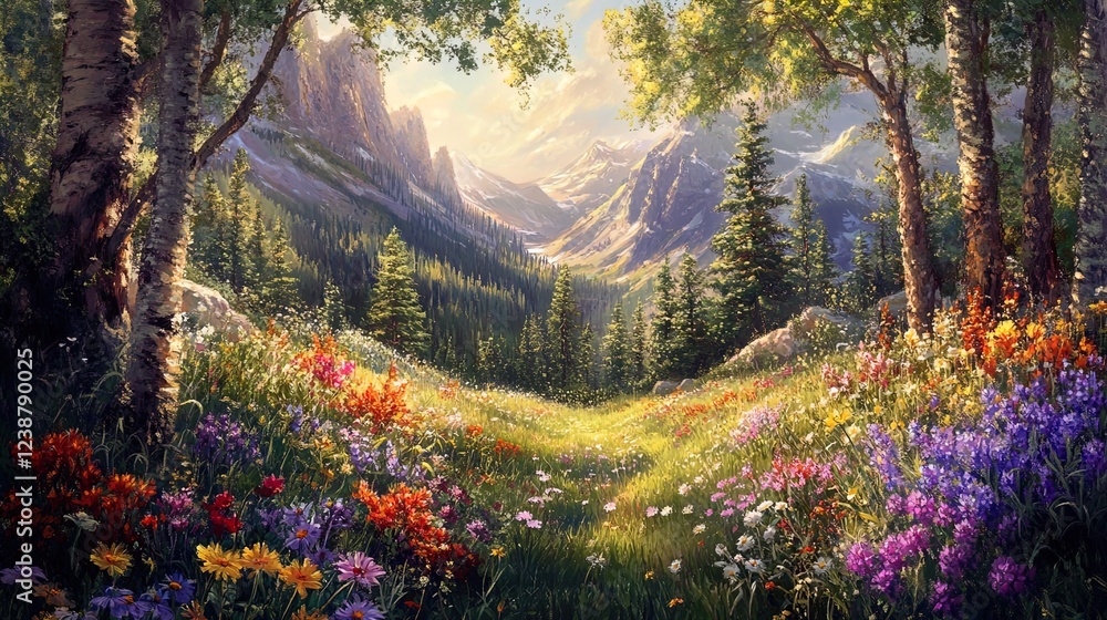 A breathtaking landscape featuring a vibrant field of wildflowers in a variety of colors, set against a backdrop of majestic mountains and dense forests. The scene captures the essence of a serene nat A breathtaking landscape featuring a vibrant field of wildflowers in a variety of colors, set against a backdrop of majestic mountains and dense forests. The scene captures the essence of a serene nat