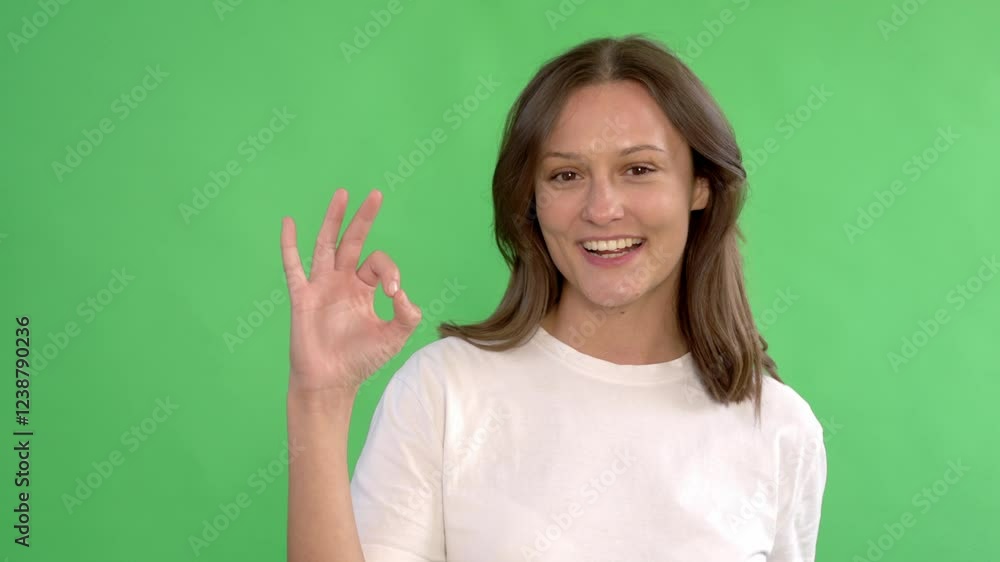 Green screen setup with woman showing ok sign for digital content creation in studio Green screen setup with woman showing ok sign for digital content creation in studio