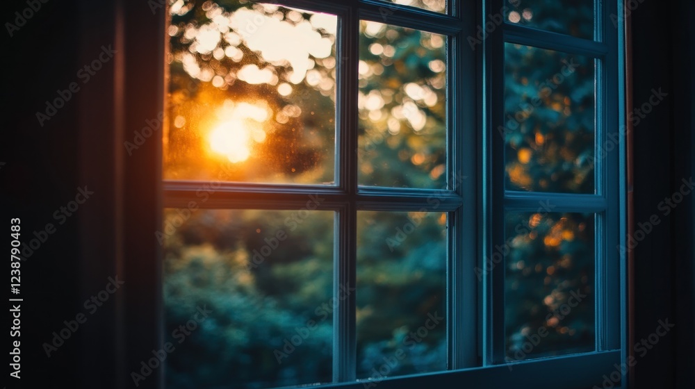 Fototapeta premium Sunset view through windowpane, home interior, peaceful evening, nature scene, idyllic background