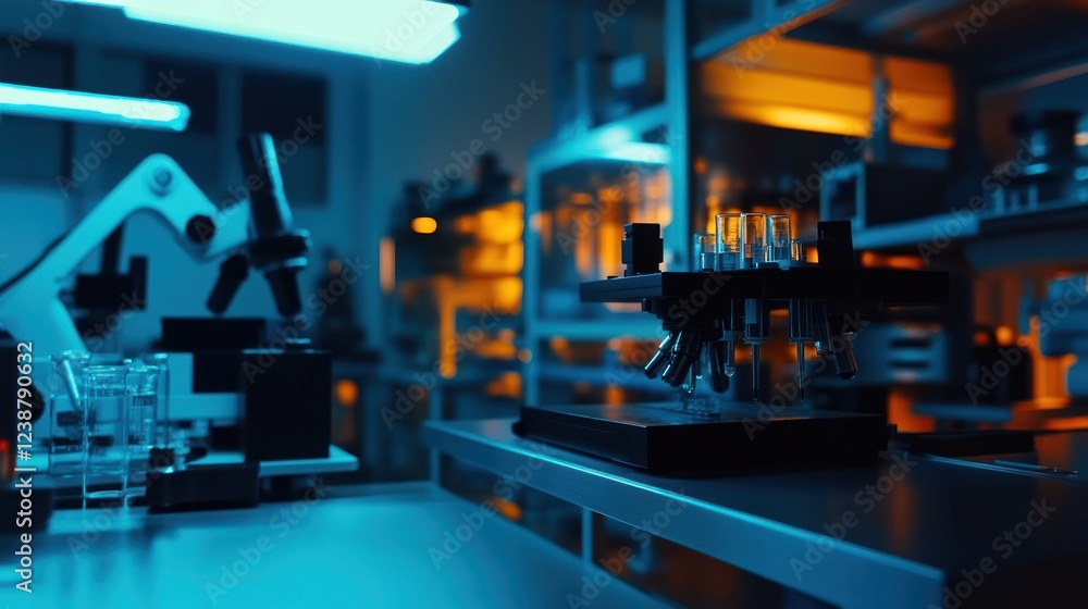Scientist testing samples in a modern lab at night Scientist testing samples in a modern lab at night