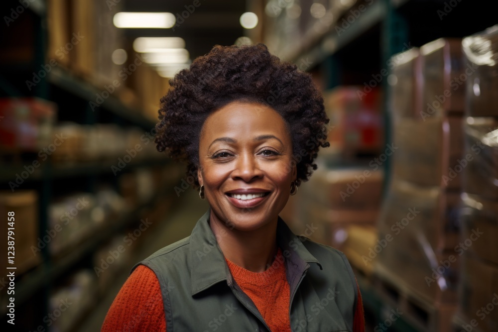 Portrait of a middle aged joyful African American female warehouse worker Portrait of a middle aged joyful African American female warehouse worker