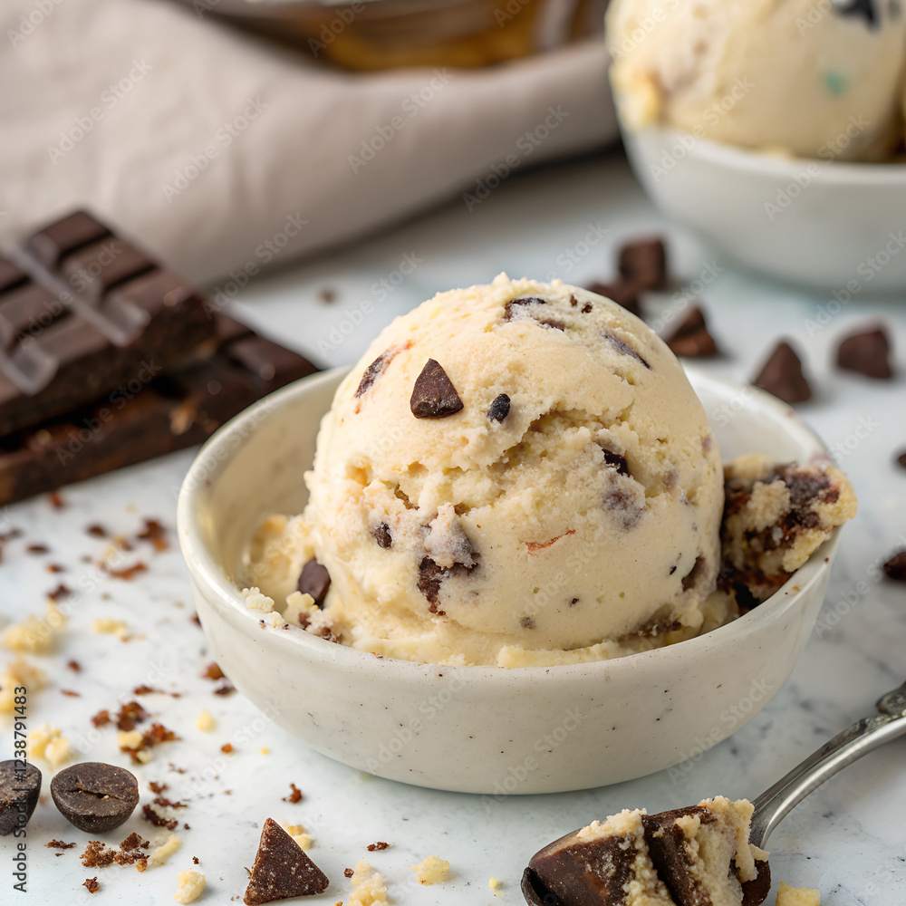 A bowl of ice cream with chocolate chips and brownie pieces, surrounded by chocolate pieces and brownie crumbs
A bowl of ice cream with chocolate chips and brownie pieces, surrounded by chocolate pieces and brownie crumbs