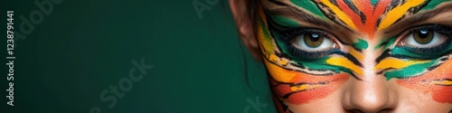 A close-up view of a person's face with vibrant makeup, ideal for use in advertising, fashion or entertainment contexts