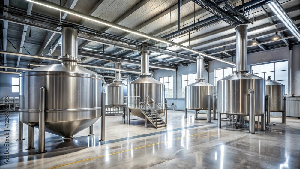 Naklejka premium Steel brewery equipment and pipes under construction on a large concrete floor, manufacturing, machinery