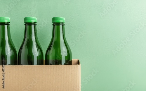 Three green-capped bottles are neatly arranged in a cardboard box against a soft green background. photo