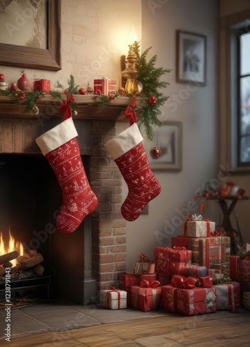 Stockings hung by chimney with festive stockings, cheerful garland, christmas stockings