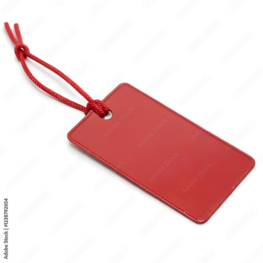 Fototapeta premium A vibrant red tag featuring a smooth surface and a secure tie, perfect for labeling items and enhancing organization. Background white