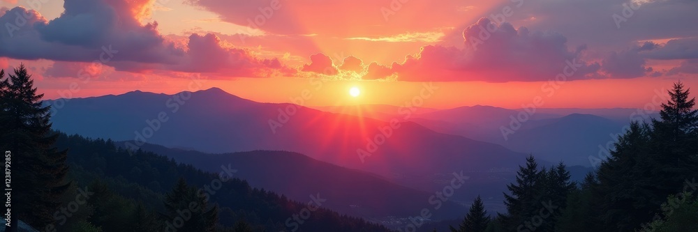 Obraz premium Sunset over mountain range with clouds and trees, sky, landscape