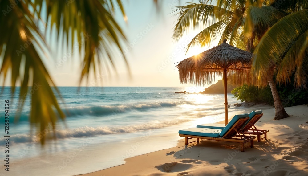 Obraz premium Beautiful tropical beach banner. White sand and coco palms travel tourism wide panorama background concept. Amazing beach landscape