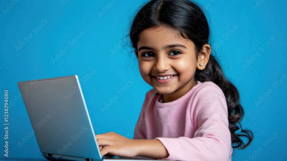 Young girl smiles while using a laptop against a vibrant blue background indoors Young girl smiles while using a laptop against a vibrant blue background indoors