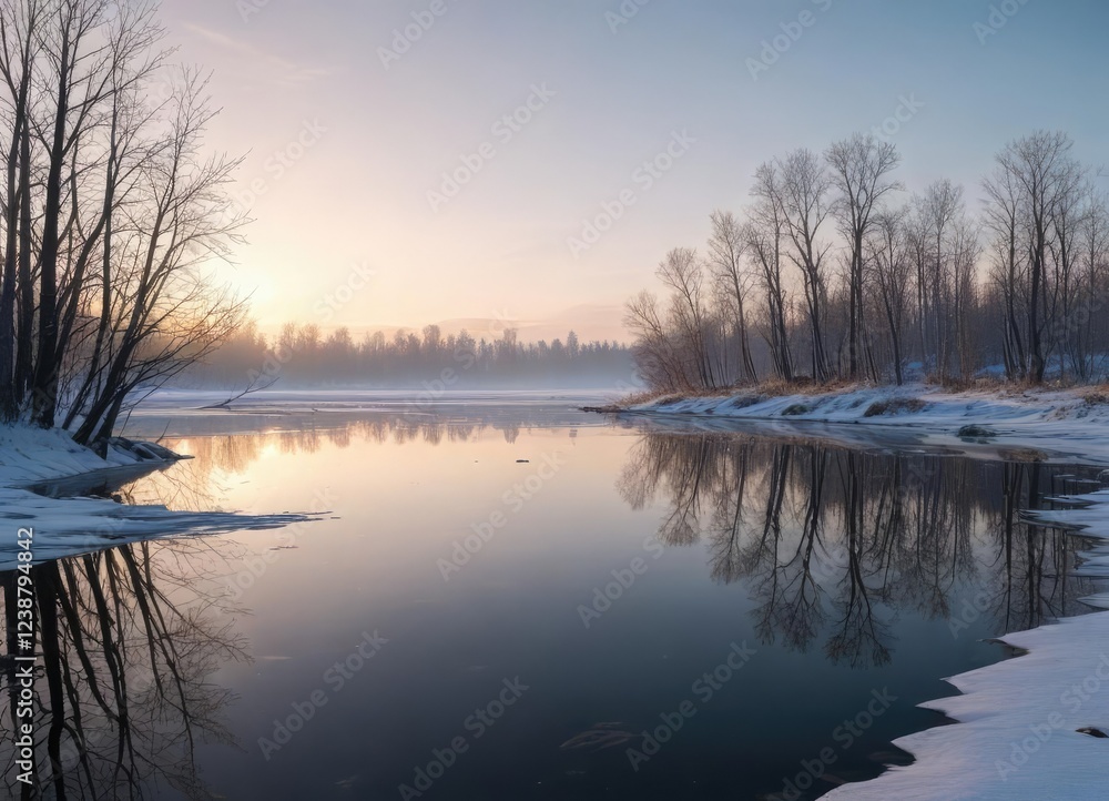 The arctic sky is reflected in the calm surface of a frozen lake with bare trees nearby, frozen lake, arctic sky, bare trees The arctic sky is reflected in the calm surface of a frozen lake with bare trees nearby, frozen lake, arctic sky, bare trees