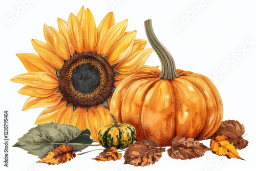 Autumn harvest display sunflowers and pumpkins rustic setting watercolor art festive vibes