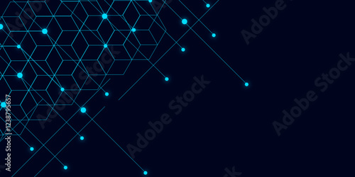 Abstract blue geometric background. Hexagons design for medical, science, and digital technology. Science network pattern, connecting lines and dots. Technology hexagons structure or molecular connect