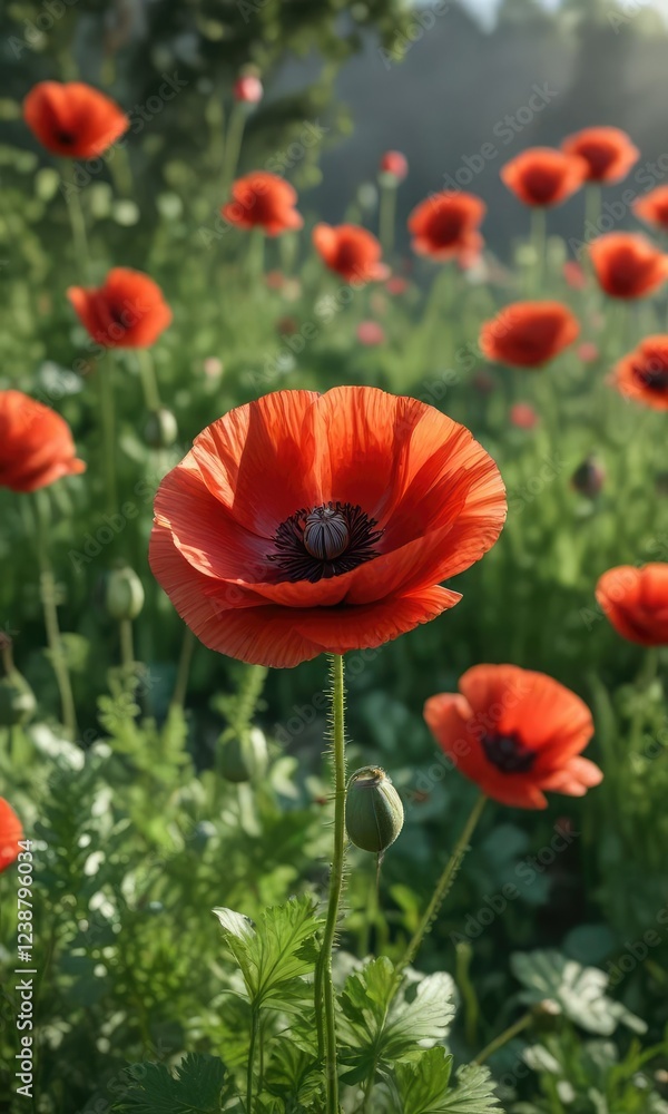 Obraz premium The vibrant color of the red poppy is reflected in its delicate petals and stem amidst a bed of greenery, leaves, flora, flower