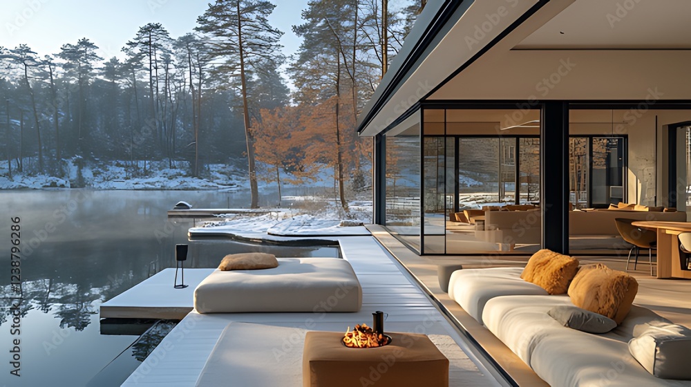 Obraz premium Modern lake house patio sunrise winter relaxation
