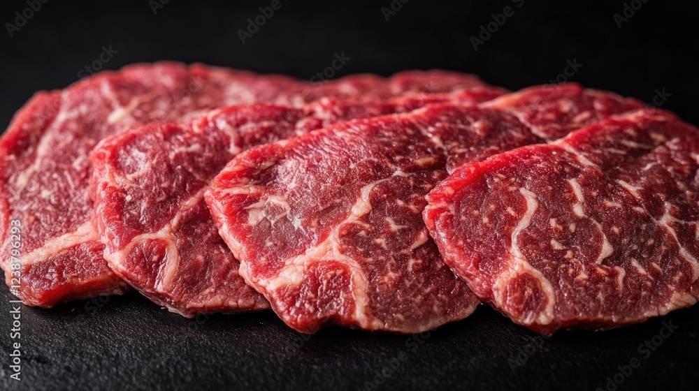 Fototapeta premium A group of steaks placed on a dark, flat surface