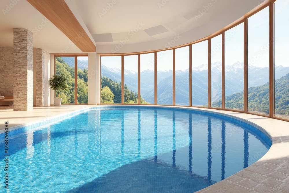 Fototapeta premium Luxurious indoor pool with mountain view in serene natural setting during daytime