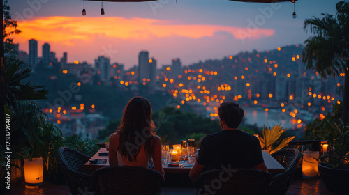 A couple enjoying a sunset dinner on a rooftop terrace, with city lights twinkling in the background photo