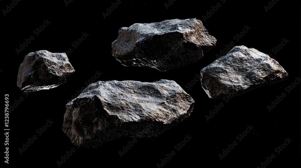 Fototapeta premium Four dark grey rocks isolated on black background. Perfect for game assets, website design, or texture maps. Raw, rugged, and natural.