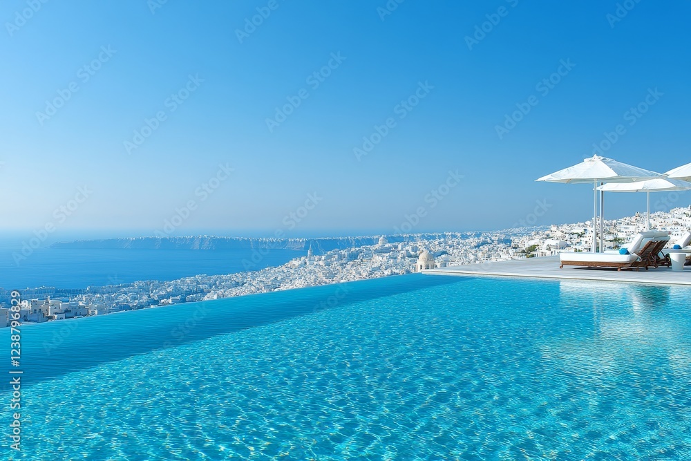 Fototapeta premium Stunning infinity pool overlooking a breathtaking coastal view in Santorini, Greece during a clear summer day