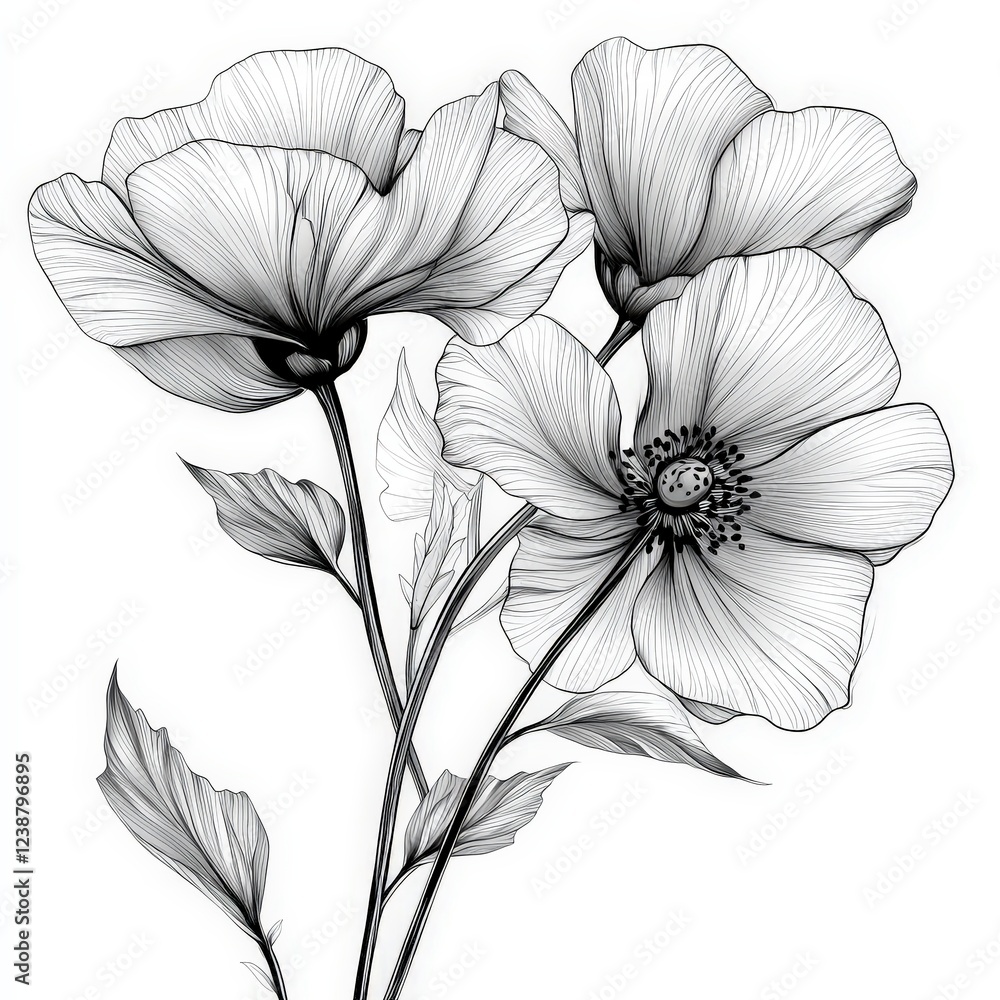 Fototapeta premium Three Delicate Flowers, Line Art, Botanical Design, Perfect for Invitations, Branding, and Home Decor.