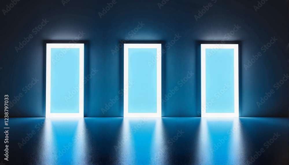 Fototapeta premium Luminous blue doors in a dark space for blogs, websites, digital art projects, futuristic designs, technology presentations, and minimalistic graphic themes