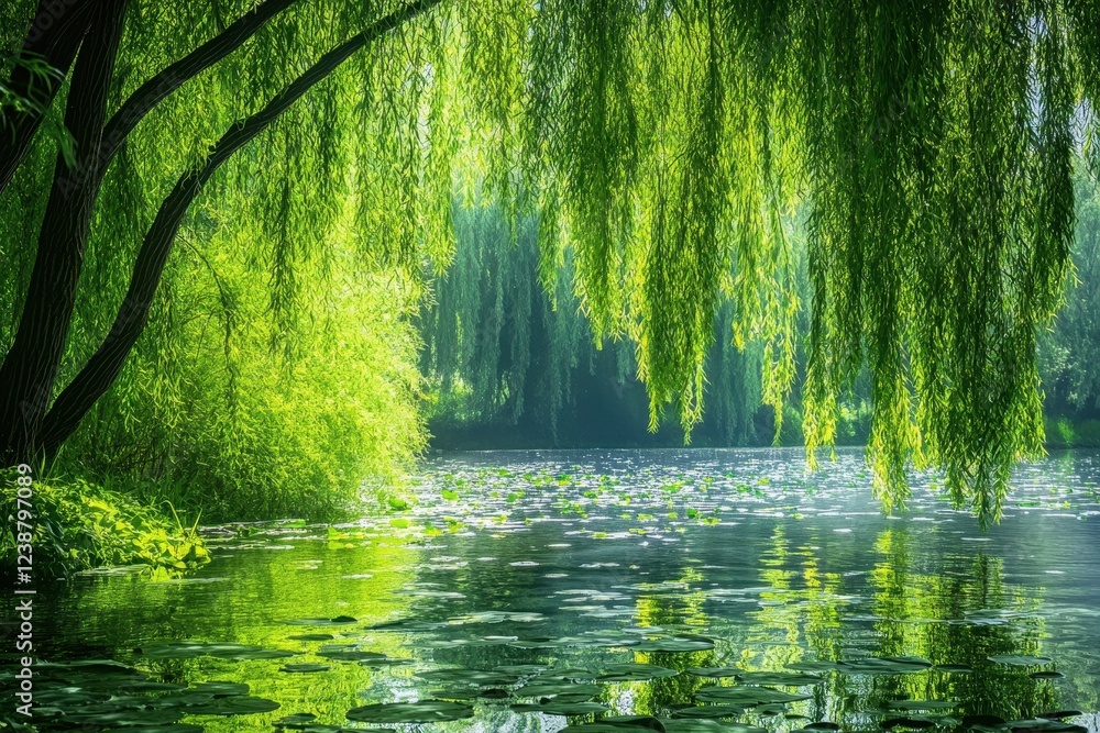 Serene Tranquility of a Lush Green Riverbank with Willow Trees Serene Tranquility of a Lush Green Riverbank with Willow Trees