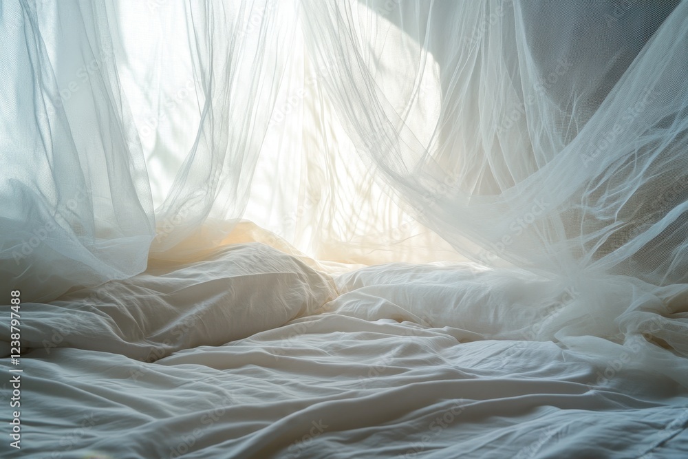 Obraz premium Soft Light Filtering Through Sheer Curtains in Serene Bedroom Setting