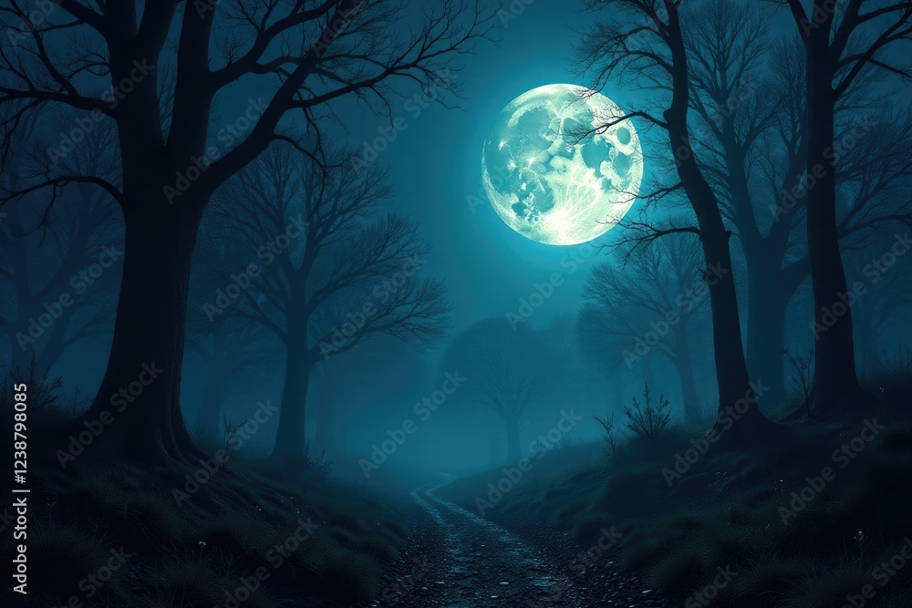Fototapeta premium A full moon casts an eerie glow on ancient woods, eerie landscape, darkness reigns