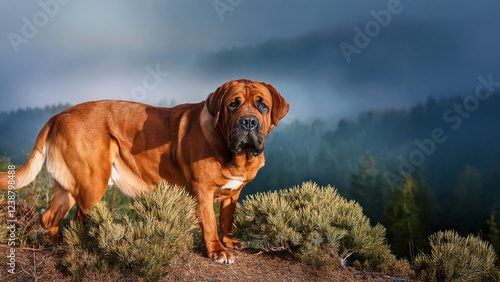 Perro rojizo grande en paisaje de montaña con niebla photo