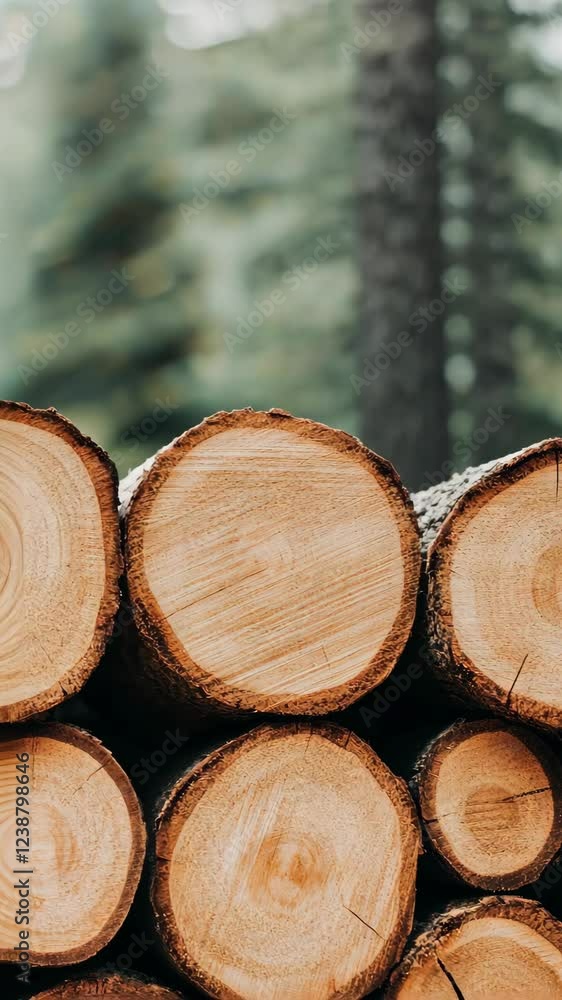 Close-up of neatly stacked wooden logs in a serene forest, highlighting the textures and patterns formed in the timber Close-up of neatly stacked wooden logs in a serene forest, highlighting the textures and patterns formed in the timber