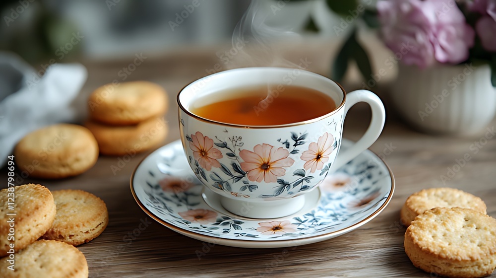 Floral teacup, steaming tea, biscuits, wooden table, spring flowers, breakfast Floral teacup, steaming tea, biscuits, wooden table, spring flowers, breakfast
