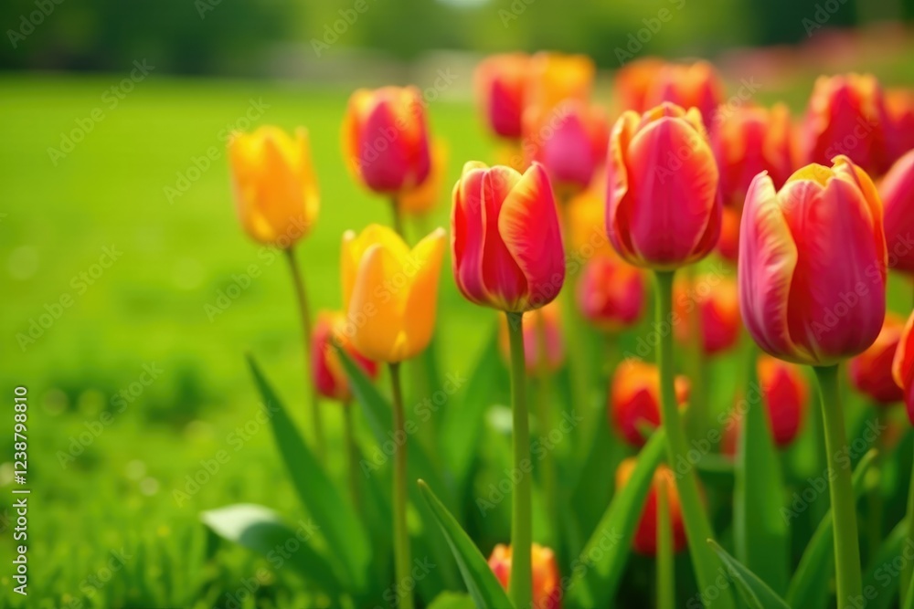 Colorful tulips in full bloom with lush grass, nature scene, grass Colorful tulips in full bloom with lush grass, nature scene, grass