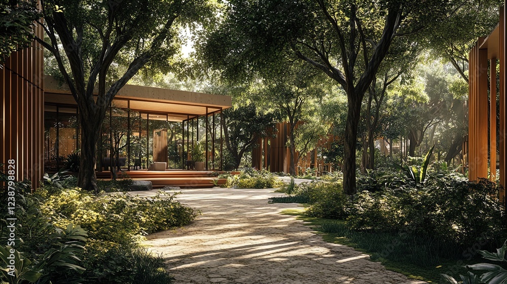 A serene outdoor scene featuring a modern architectural structure with large glass windows, nestled amid lush greenery and vibrant foliage. The pathway leading to the building is made of textured ston A serene outdoor scene featuring a modern architectural structure with large glass windows, nestled amid lush greenery and vibrant foliage. The pathway leading to the building is made of textured ston