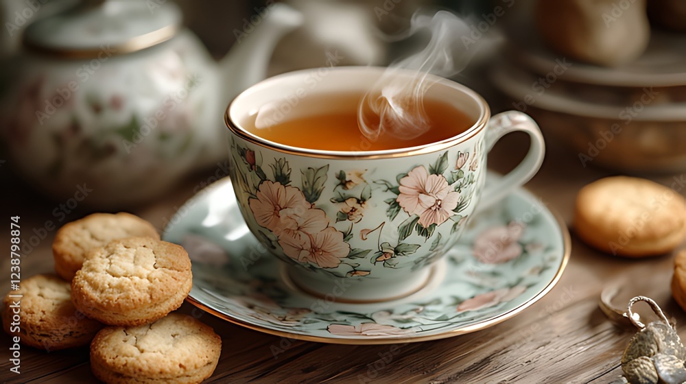 Steaming teacup, floral pattern, biscuits, wooden table, cozy setting