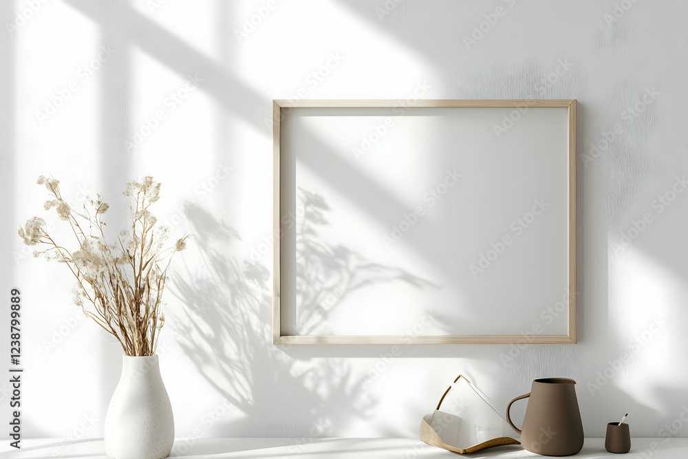 Minimalist Home Decor: Blank Frame Mockup with Dried Flowers and Sunlit Shadows Minimalist Home Decor: Blank Frame Mockup with Dried Flowers and Sunlit Shadows